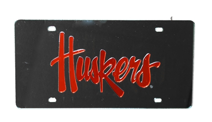 Reflective Black Huskers Script Laser Plate Nebraska Cornhuskers, Nebraska Vehicle, Huskers Vehicle, Nebraska Black Base Huskers Script Laser Plate Rico Industries, Huskers Black Base Huskers Script Laser Plate Rico Industries