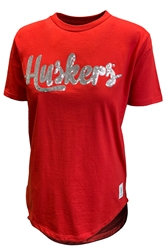 Womens Huskers Sequins Yorkville Tee Nebraska Cornhuskers, Nebraska  Ladies, Huskers  Ladies, Nebraska  Short Sleeve, Huskers  Short Sleeve, Nebraska  Ladies Tops, Huskers  Ladies Tops, Nebraska  Ladies T-Shirts, Huskers  Ladies T-Shirts, Nebraska Womens Red Husker Script Sequins Yorkville SS Rounded Bottom Tee Pressbox , Huskers Womens Red Husker Script Sequins Yorkville SS Rounded Bottom Tee Pressbox 